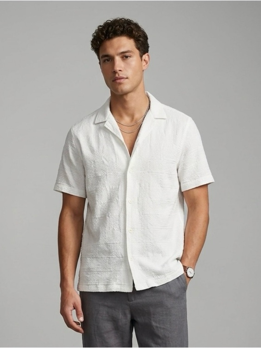 Folk White Short-Sleeve textured button down